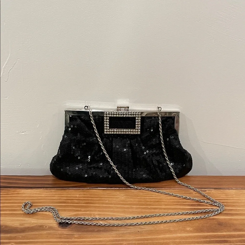 Y2K Vintage La Regale Black Sequin Clutch with Silver Chain